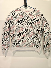 GUESS White Cotton Fleece Logo Graphic Print Crewneck Pullover Sweatshirt, M