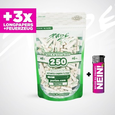 PURIZE Xtra Slim Size WHITE Aktivkohlefilter Ø 5,9mm 250 stk. + Papers + Feuer