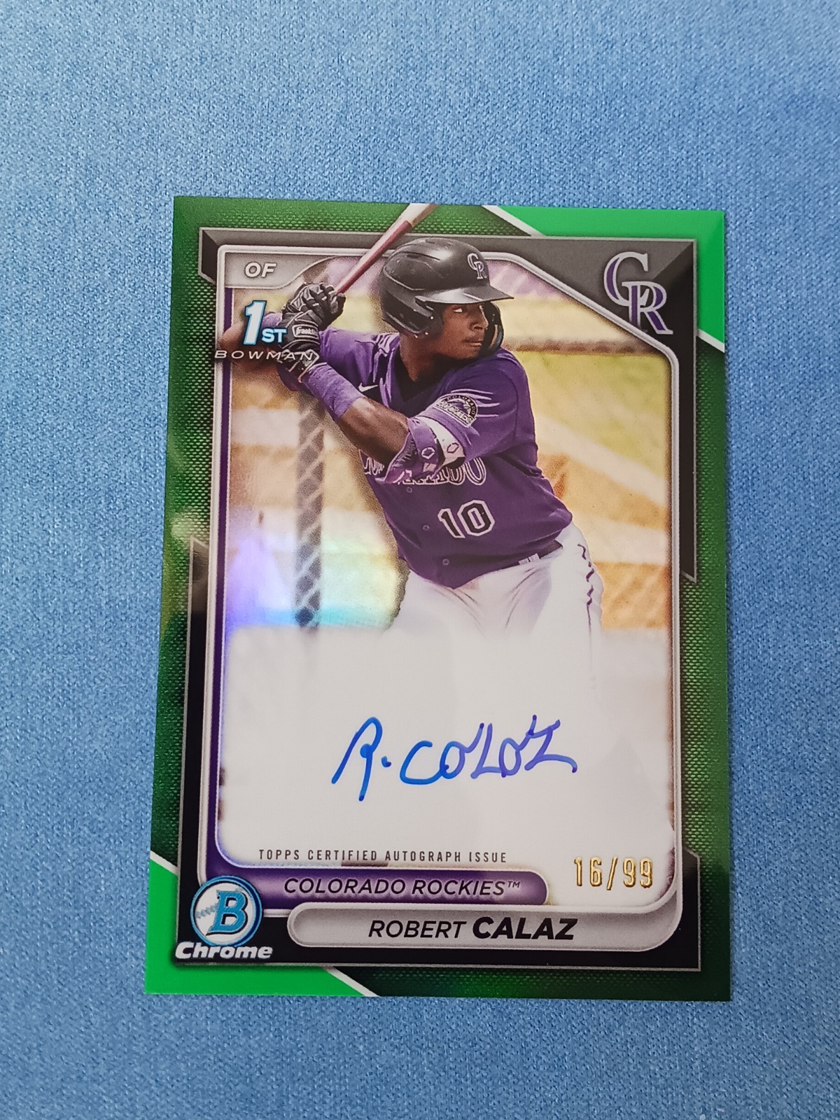 Robert Calaz 2024 Bowman Baseball Chrome 1st TRUE GREEN REFRACTOR RC AUTO #d /99