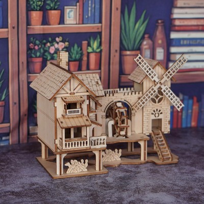3D Holzpuzzle Windmühlen Haus Modellbau Bausatz DIY Holzpuzzle Gebäude
