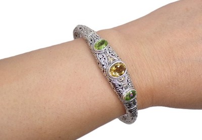 Aufwendiger Sterling Silber/18K Akzente, Citrin und Peridot Armreif Armband
