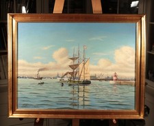 Schiffsbild - P. BAADSMAND -  Marinemaler - HAFENANSICHT Segelschiff Dampfschiff