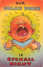 Our Delux Diner Open All Night Vintage Comic Baby Postcard USA TICHNOR BROS 