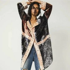 We The Free People Vancouver Velvet Button Down Oversized Shirt Kimono Robe XS