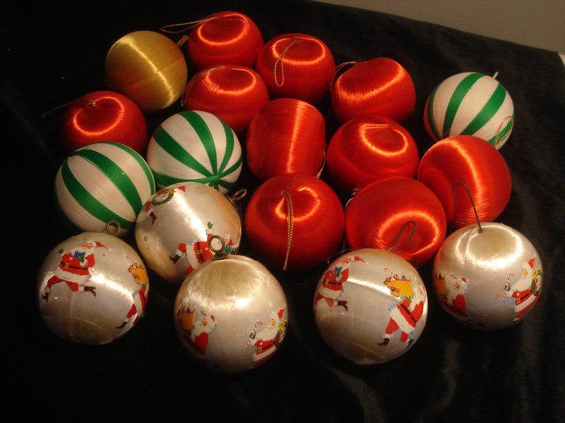 19  Vintage Satin Christmas Ornaments (Santa, Striped)