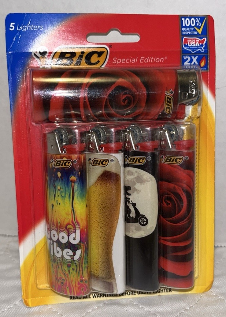 5 Pack Bic Special Edition Lighters, Good Vibes, Roses, Beer Dino Moon