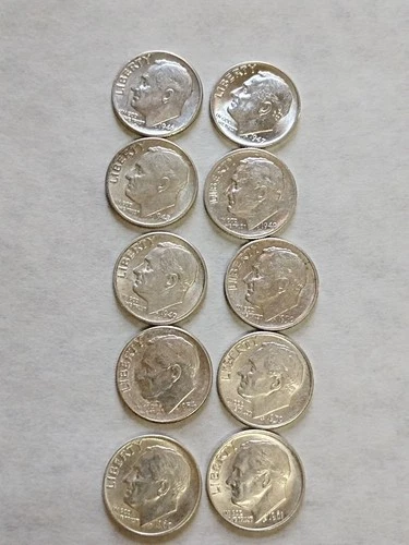 Lot of 10 - U.S. 90% Silver Roosevelt Dimes 1946- 1961 P D S XF+ $1 Face #8