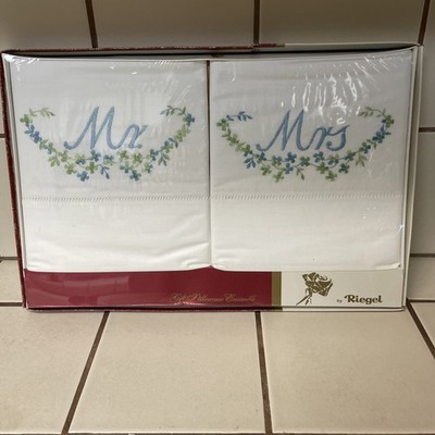 Vintage Riegel Gift Pillowcases Set Mr. Mrs. Wedding Standard Embroidered New