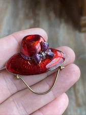 VTG Red Hat Ladies Society Scarf Loop Hat Brooch Purple Rhinestone Bow Enamel