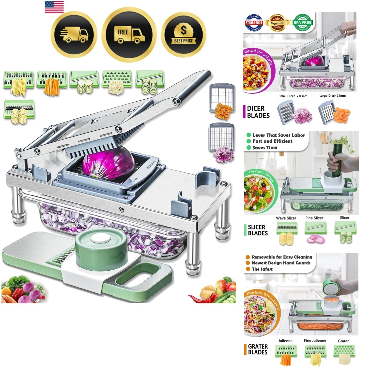 Vegetable Chopper Food Cutter Grater Mandoline Slicer With 8 Blades
