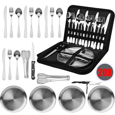 Outdoor Campingbesteck Set Für 4 Personen, 20Pcs Picknick Geschirr Set Edelstahl