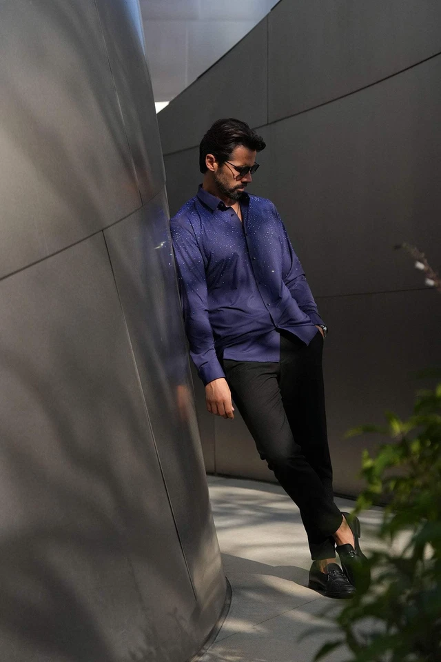 Barabas Men's Rhinestones Jewels Long Sleeve Shirt 4B06 - Image 2 of 4