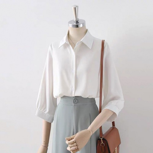 Fashionable Womens Lapel Shirt with Three Quarter Sleeves in Solid Colors - Picture 8 of 24