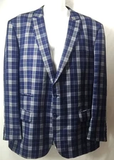 Steven Land Blazer Sport Coat 46R Blue Windowpane Plaid Single Breasted George