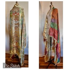 Vintage embroidered traditional Chinese silk shawl oversized multicolor fringe