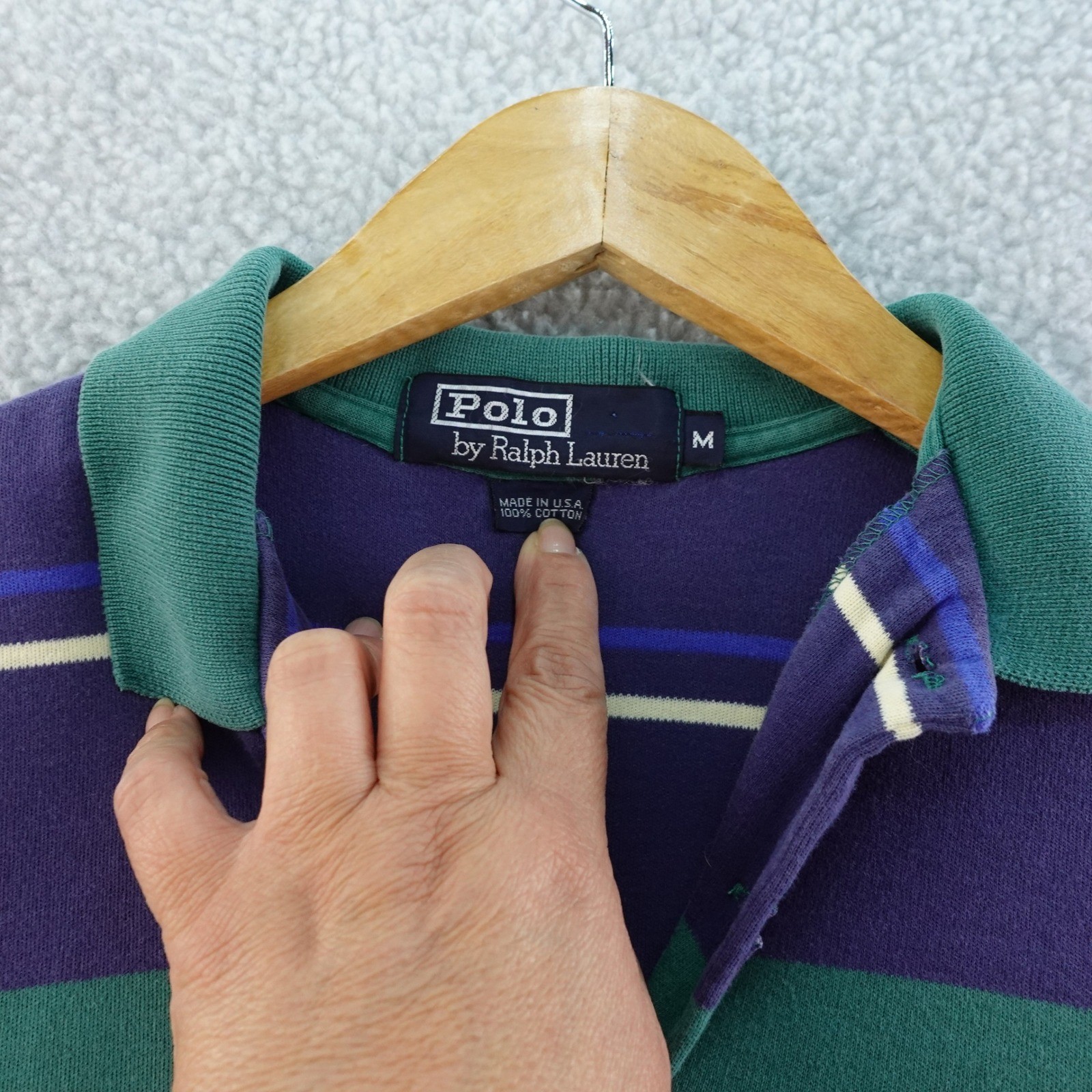 Vintage Polo Ralph Lauren Striped Polo Shirt Mens M Purple Green Cotton USA Made