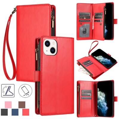 For iPhone 16 15 14 Plus 13 12 Mini 11 Pro Max PU Leather Card Flip Zipper Case