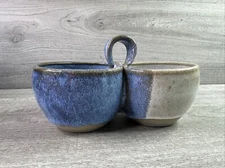 Handmade Pottery Blue Double Dipper Condiment Bowl with Handle Signed