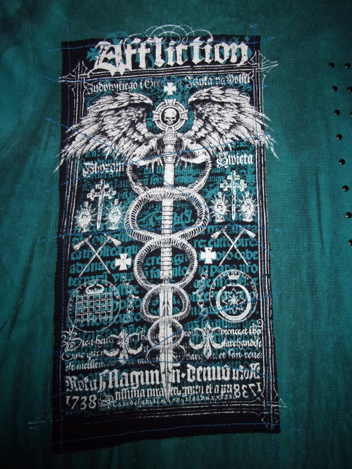 Vtg AFFLICTION Muted Jade Green Thermal Long Sleeve w STUDS Size XL Y2K