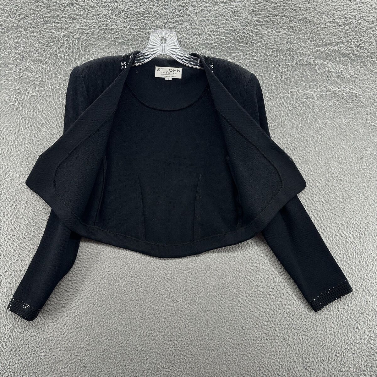 St John Evening Jacket 6 Black Sequin Marie Gray Long Sleeve St John Evening Jacket 6 Black Sequin Marie Gray Long Sleeve