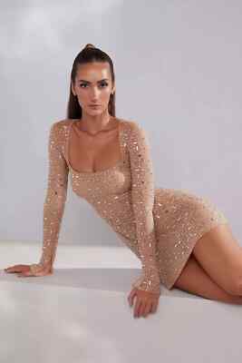 Oh Polly ZETA Sheer Embellished Long Sleeve A-Line Mini Dress in Almond UK  10 | eBay UK
