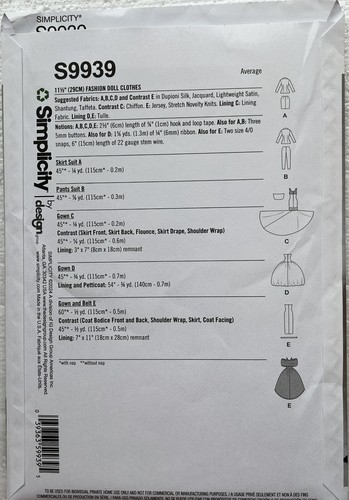 Simplicity Pattern S9939 11 1/2" Fashion Doll Clothes Red Carpet Designs - Picture 2 of 2