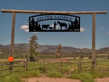 Large Entrance/Gate Ranch Sign with Cows and Rancher with a Horse, Personalized