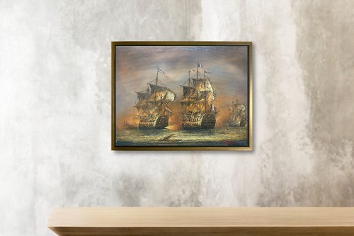 Hungryartist -Original Painting of Colonial Battleships on Canvas 12x16Framed - Picture 2 of 6