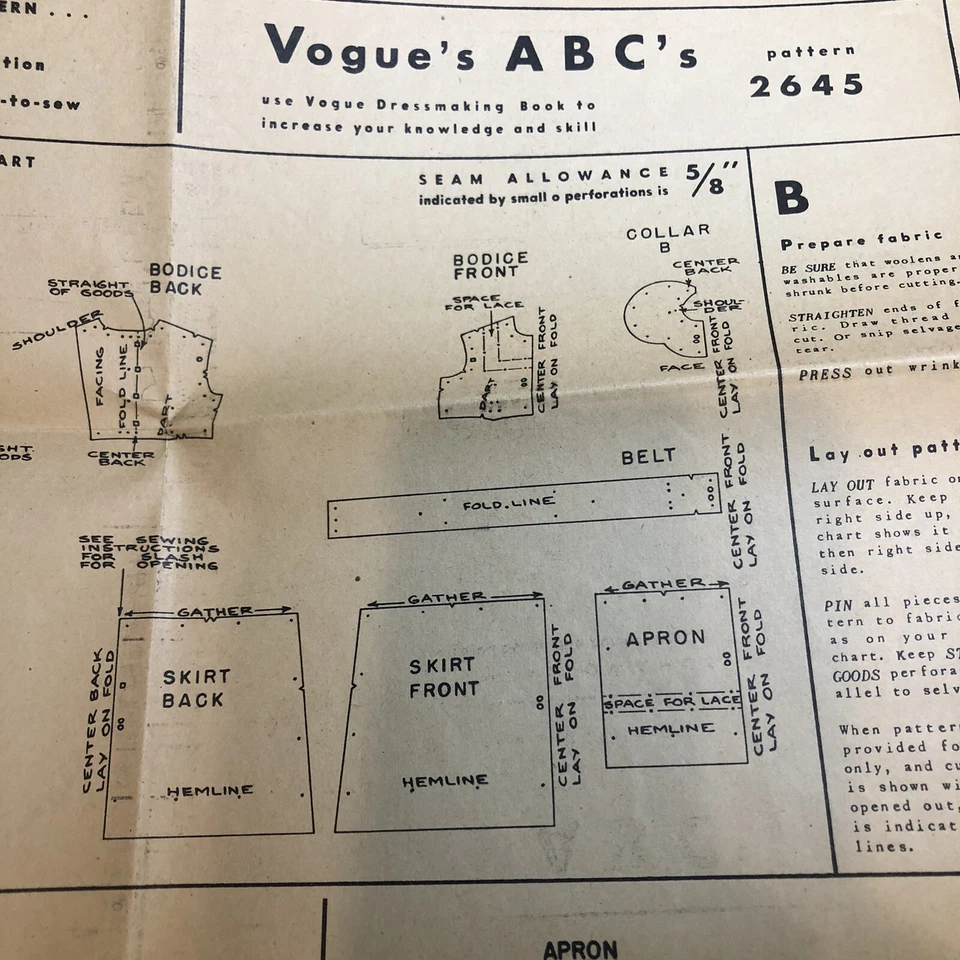 Vintage 1953 Vogue No. 2645 Girls Dress & Apron Punched Pattern Sz 2 Antique - Image 3 of 4