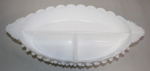 Vintage Fenton White Hobnail 3-Part Serving Dish – Milk Glass – Embossed Mark
