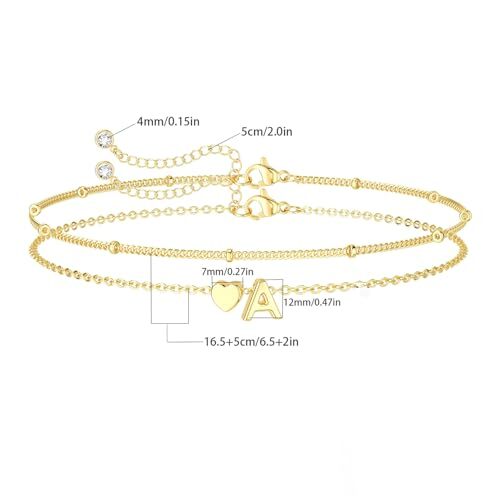 Initial Heart Gold Bracelets for Women Teen Girls 14K Gold Plated Dainty Layered - Picture 7 of 7