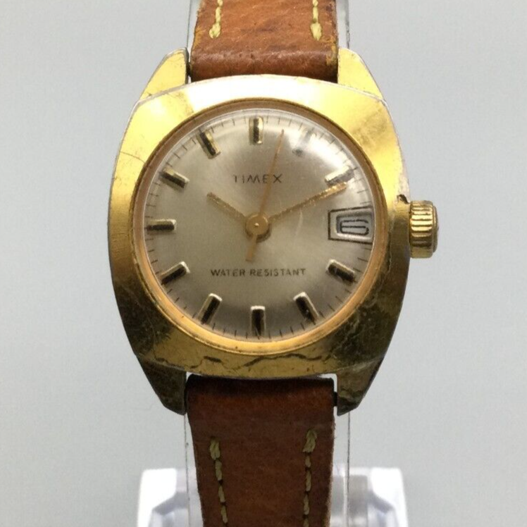 Vintage Timex Watch Women 25mm Gold Tone Date Leather Band  display picture 3