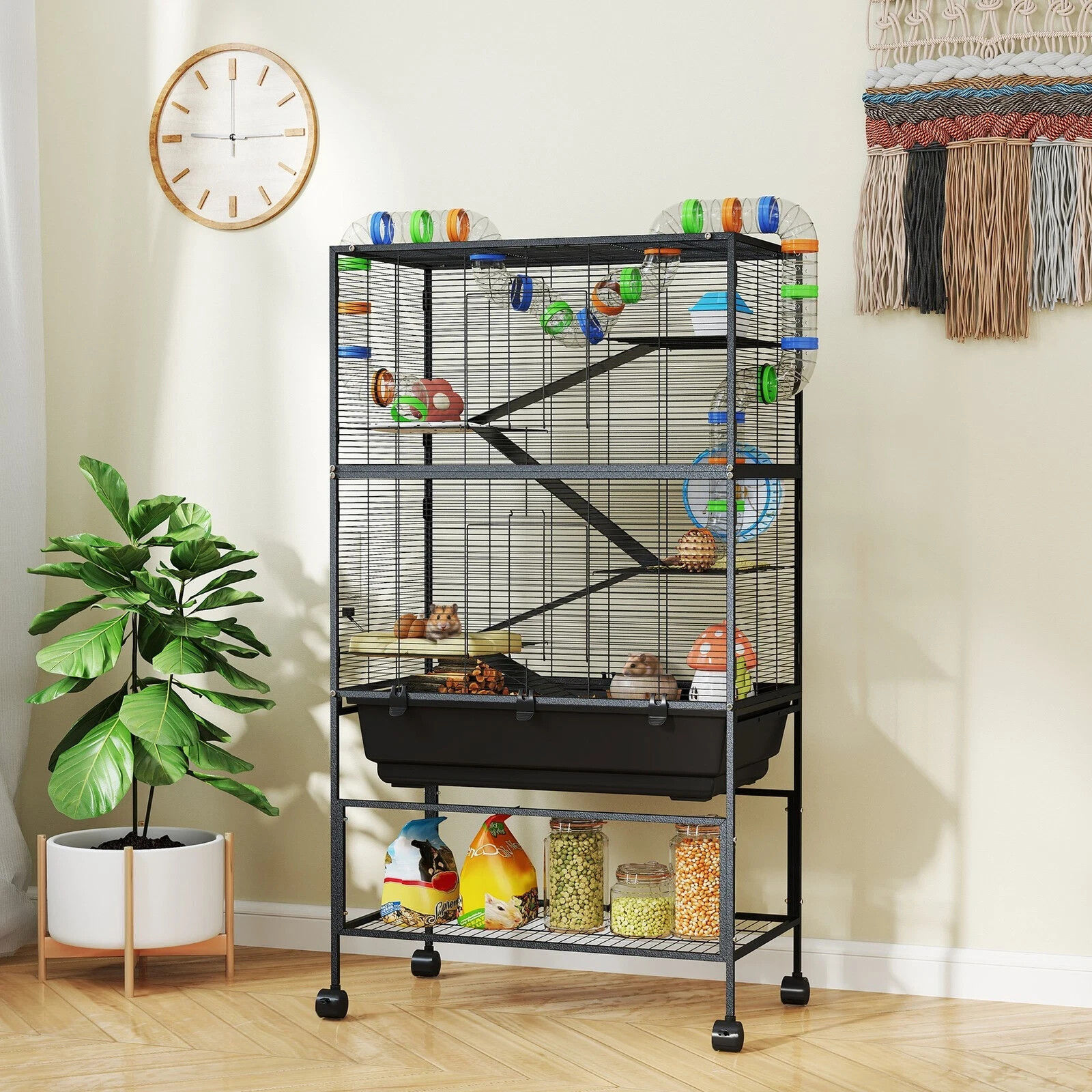 PawHut Hamster Cage 5 Tier Gerbil Cage on Wheels with Storage Shelf