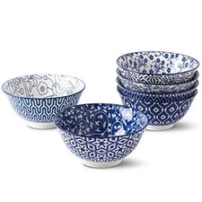 Blue and White Porcelain 20oz Cereal Bowl Set - Set of 6 6 inch Soup Bowls Ce...
