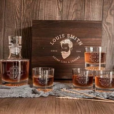 Engraved Wooden Gift Boxed Round Whiskey Decanter & 4 Scotch Glasses Set