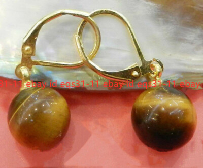 NATURAL GRADE 10MM GENUINE TIGER EYE GEMS STONE ROUND BEADS DROP DANGLE EARRINGS