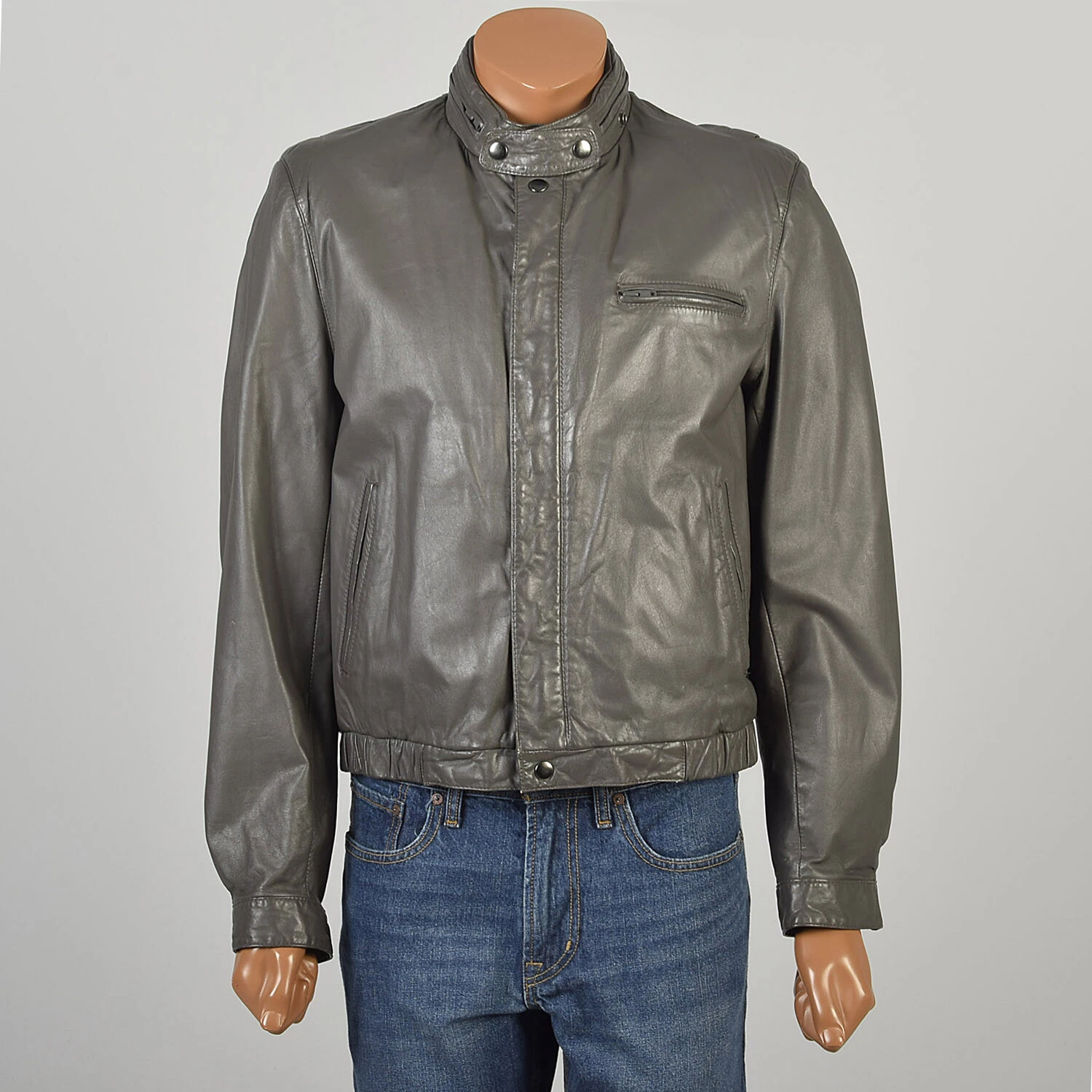  1980s leather bomber shearling lined snap front lightweight jacket