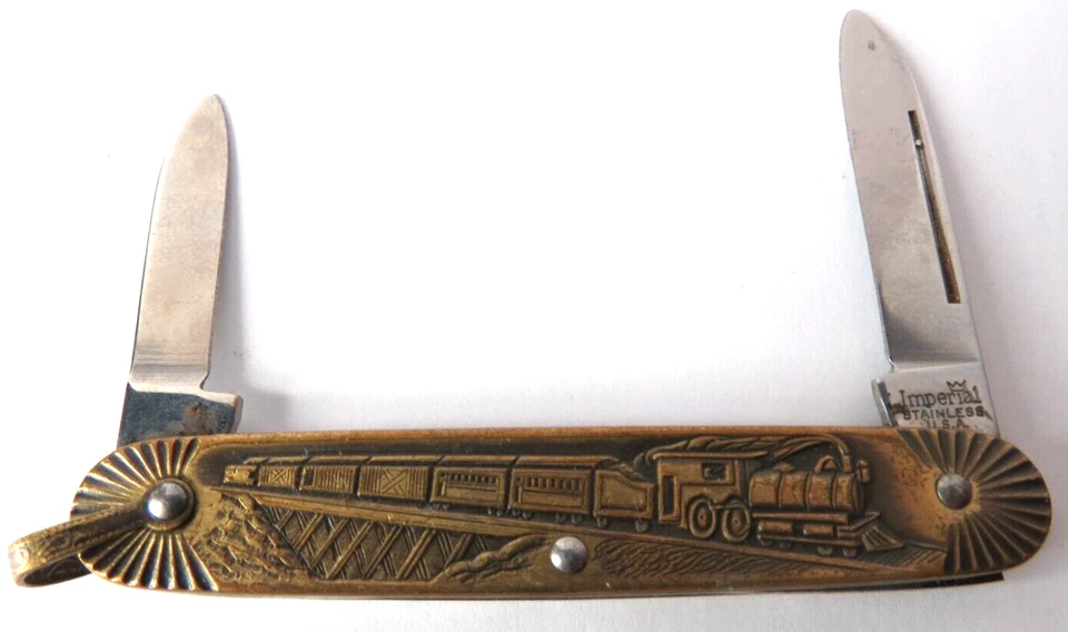 NAVAJA DE BOLSILLO PLEGABLE VINTAGE EE. UU. IMPERIAL LOCOMITIVA TREN DOS HOJAS TONO DORADO Foto 2 de 4