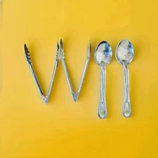 Vollrath Stainless Steel 2 Tongs Japan 47110 and 2 Spoons Korea Y54 46977 Used 