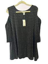 NWT CATHERINES Open Cold Shoulders Black Silver Striped Tunic Top 2X (22/24W)
