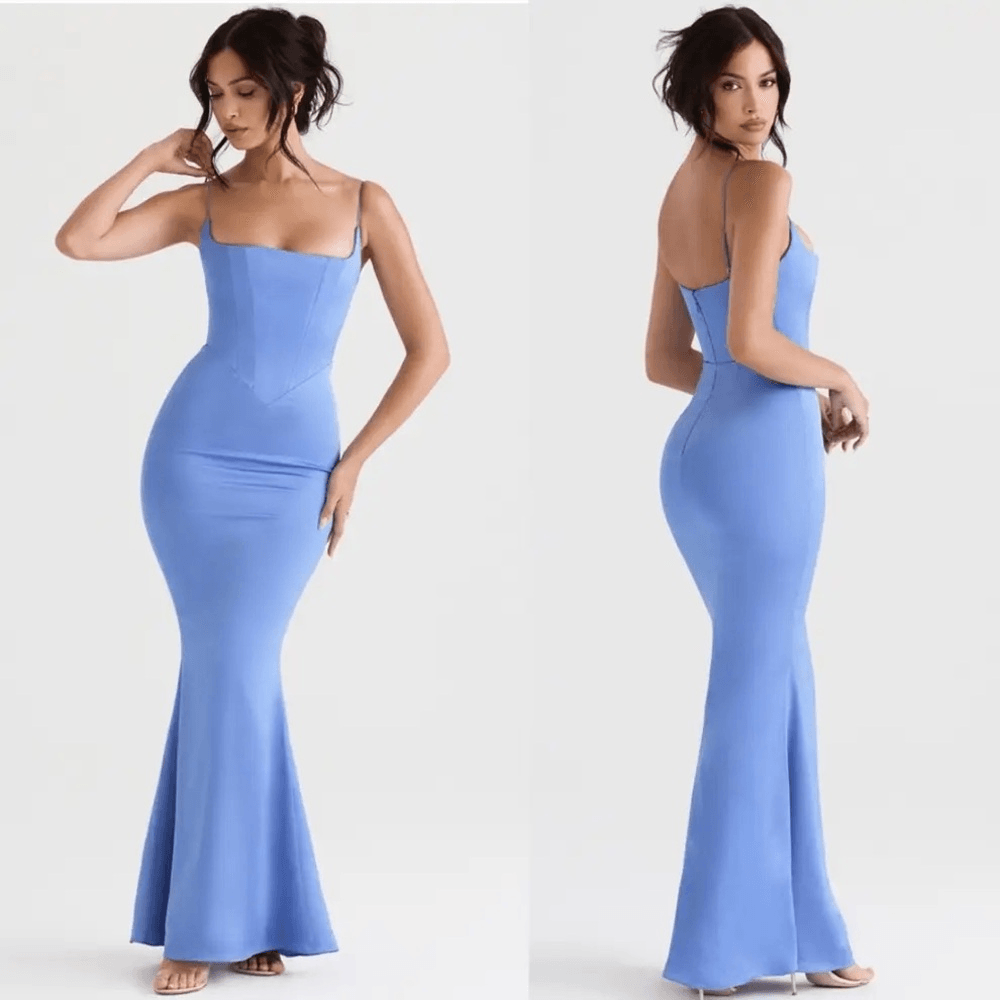 NWT House OfCb Olivette Periwinkle Satin Maxi Blue Dress Corset Size XS
