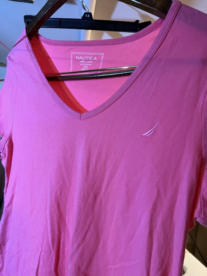 Nautica 女式大号睡眠衬衫 L 睡衣睡衣上衣粉色短袖 — 第 2/4 张图片