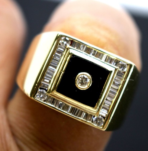 Anillo distintivo de oro amarillo macizo de 14K con sello de ónix y diamantes redondos de ónix para hombre - Imagen 6 de 14