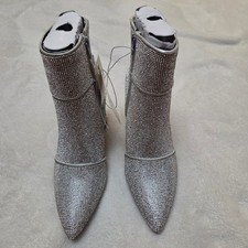Sparkle Rhinestone Block Heel Pointed Toe Ankle Booties Silver Size 7