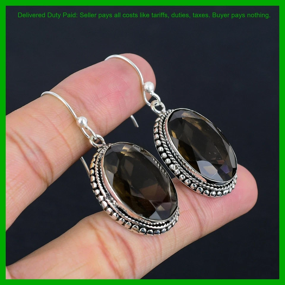 925 Sterling Silver Oval Natural Smoky Quartz Dangle Drop Hook Vintage Earrings - Image 4 of 4