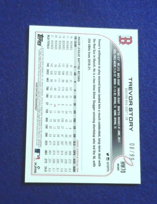 2022 Topps Holiday Red Metallic snowflakes Trevor Story - Image 2 of 3