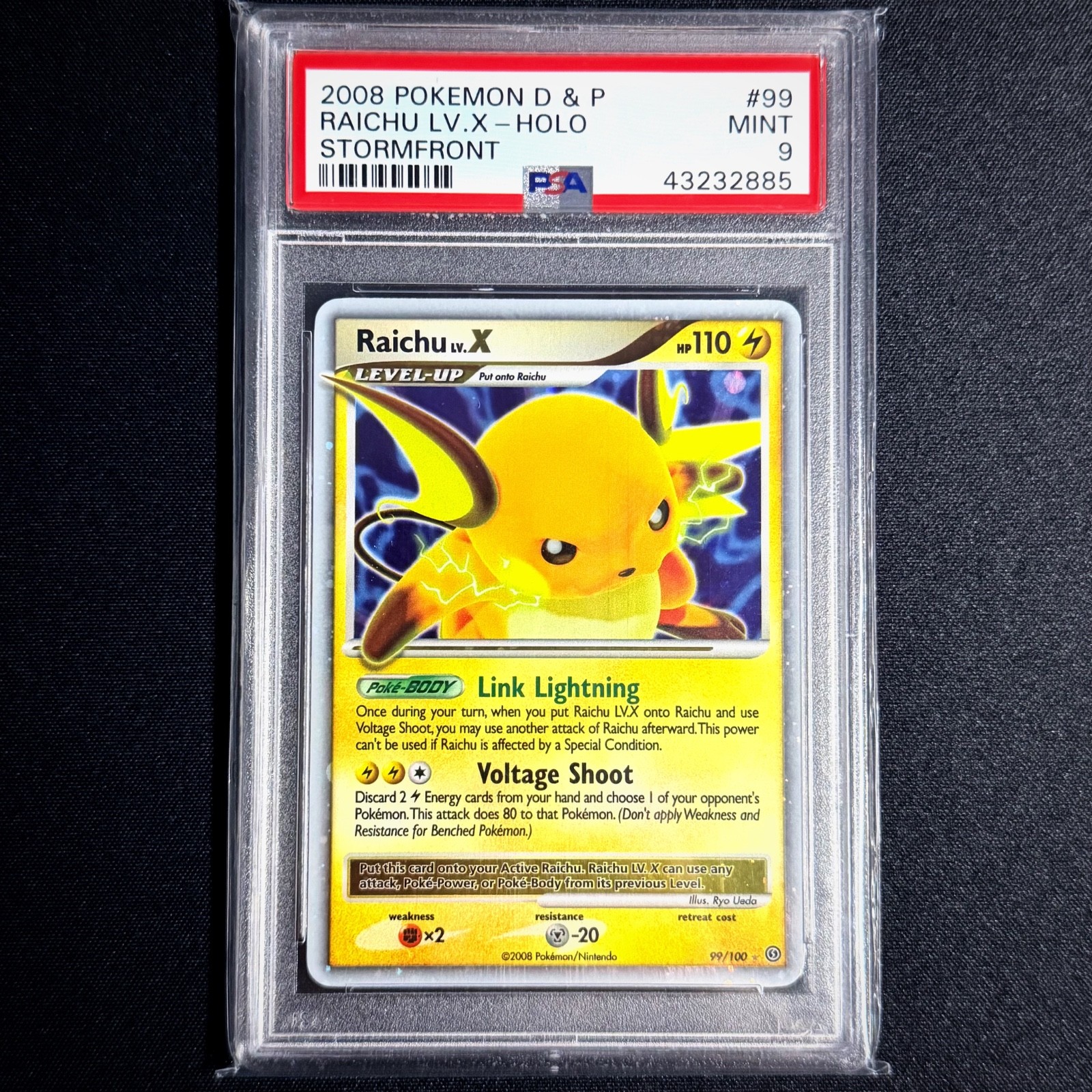 Pokemon TCG Raichu LV.X holo 99/100 D&P Stormfront 2008 MINT PSA 9