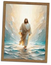 Framed 3D Textured Jesus Walking On Water Wall Art, Hand 24L" x 16W" blue yesu