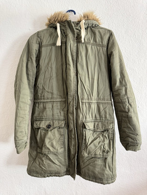 Roxy Damen Parka Jacke lang Grün Kapuze Fellbesatz gefüttert RV Gr. M Normalgr.