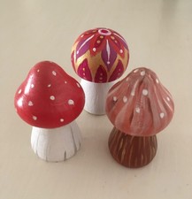 3 x tiny handpainted wooden mushrooms